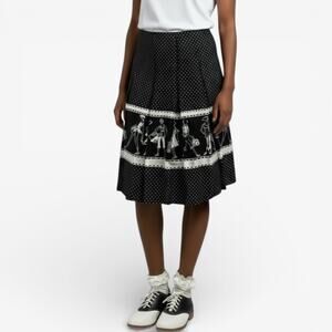 Black and White Polka Dot Parisian Novelty Fashion Print Pleated Midi Skirt Sz 6
